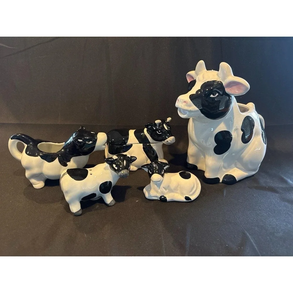Vintage 5-Piece Cow Creamer, Sugar, Butter Dish & Salt Pepper Set